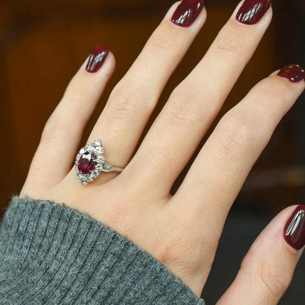 Vintage French Ruby & Diamond Marquise Cluster Ring