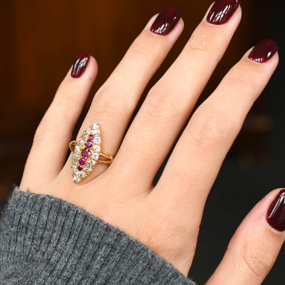 Victorian Ruby & Diamond Cluster Navette Ring