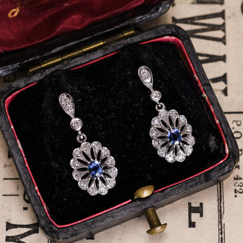 Edwardian Ceylon Sapphire & Diamond Earrings