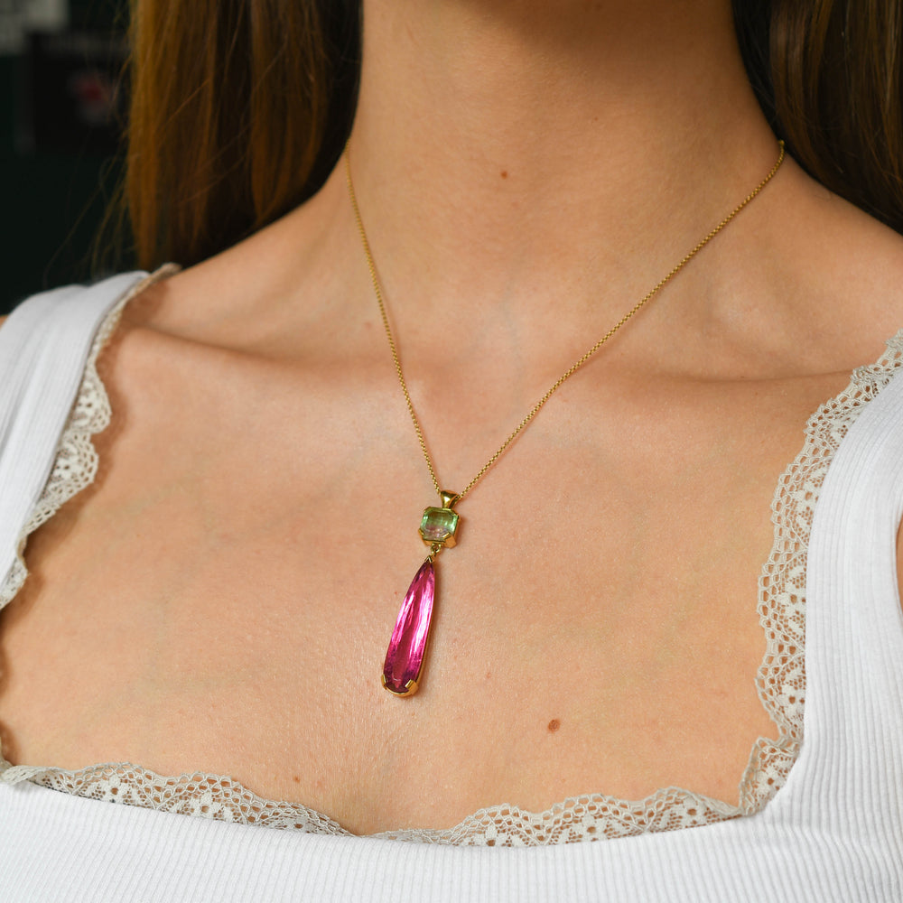Watermelon Tourmaline & Pink Topaz Drop Pendant Necklace