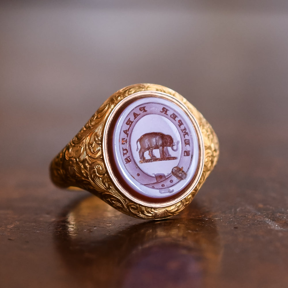 Victorian Elephant SEMPER PARITUS Intaglio Signet Ring