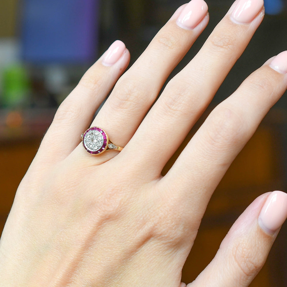 Art Deco Ruby & Diamond Target Cluster Ring