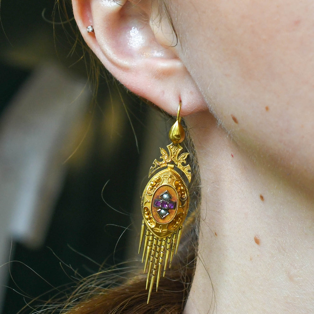 Etruscan Revival Pearl & Ruby Drop Earrings