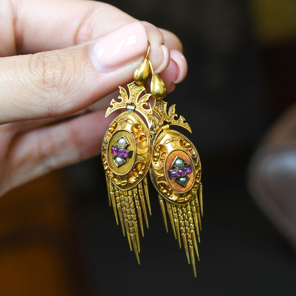 Etruscan Revival Pearl & Ruby Drop Earrings