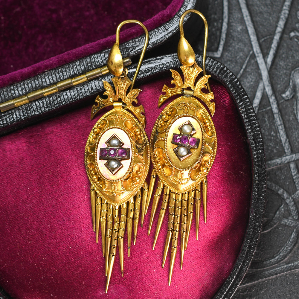 Etruscan Revival Pearl & Ruby Drop Earrings