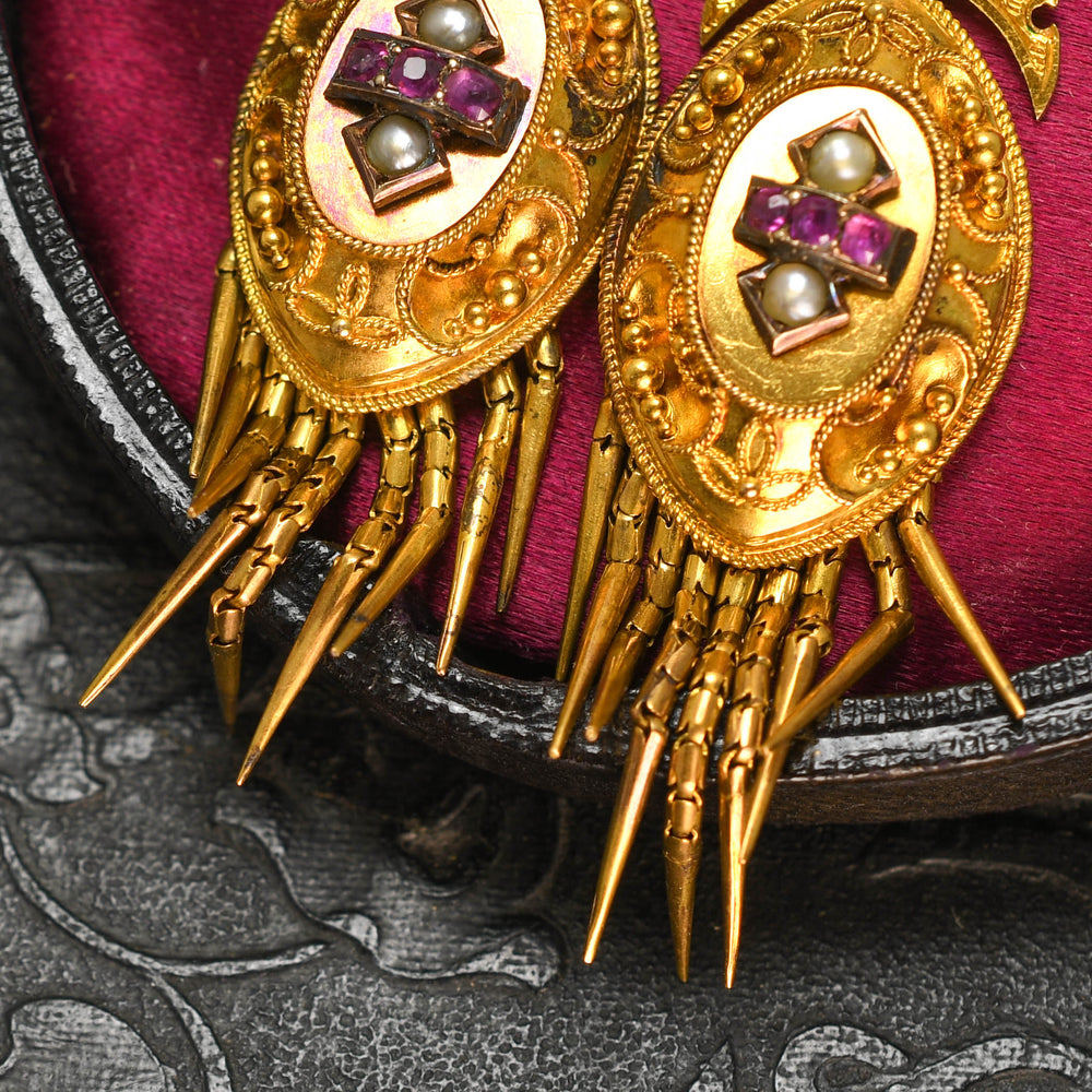 Etruscan Revival Pearl & Ruby Drop Earrings