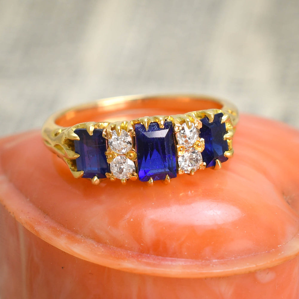 Victorian Sapphire & Diamond Carved Half Hoop Ring