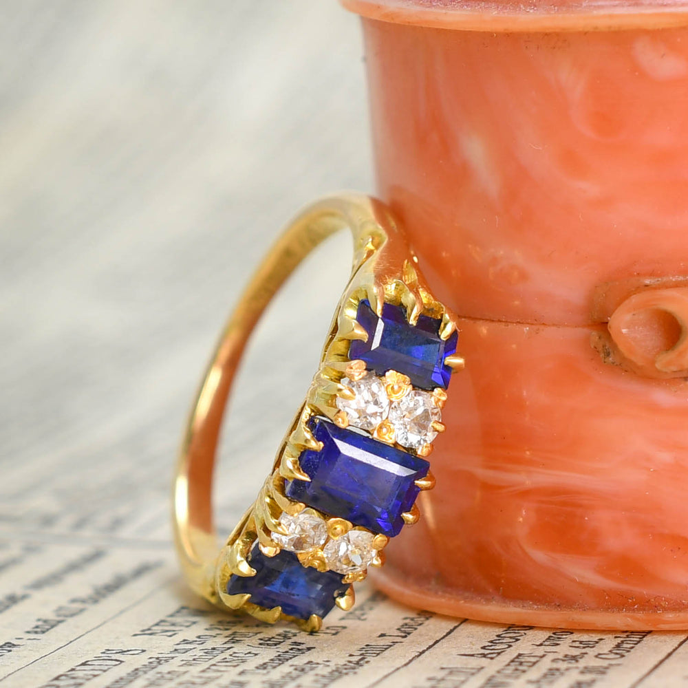 Victorian Sapphire & Diamond Carved Half Hoop Ring