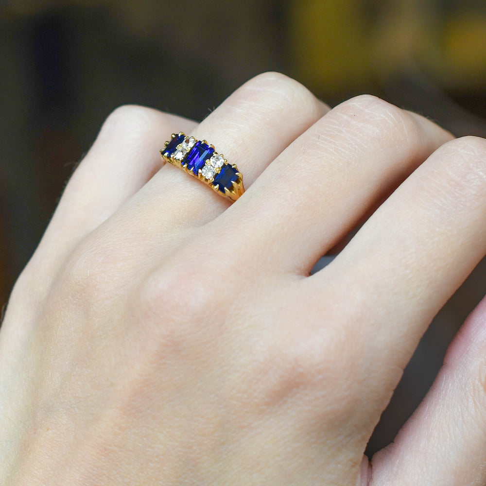 Victorian Sapphire & Diamond Carved Half Hoop Ring