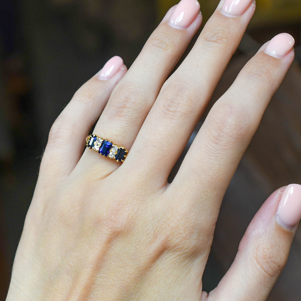 Victorian Sapphire & Diamond Carved Half Hoop Ring