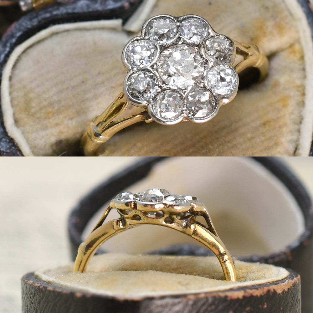 Edwardian Old Mine Cut Diamond Flower Cluster Ring
