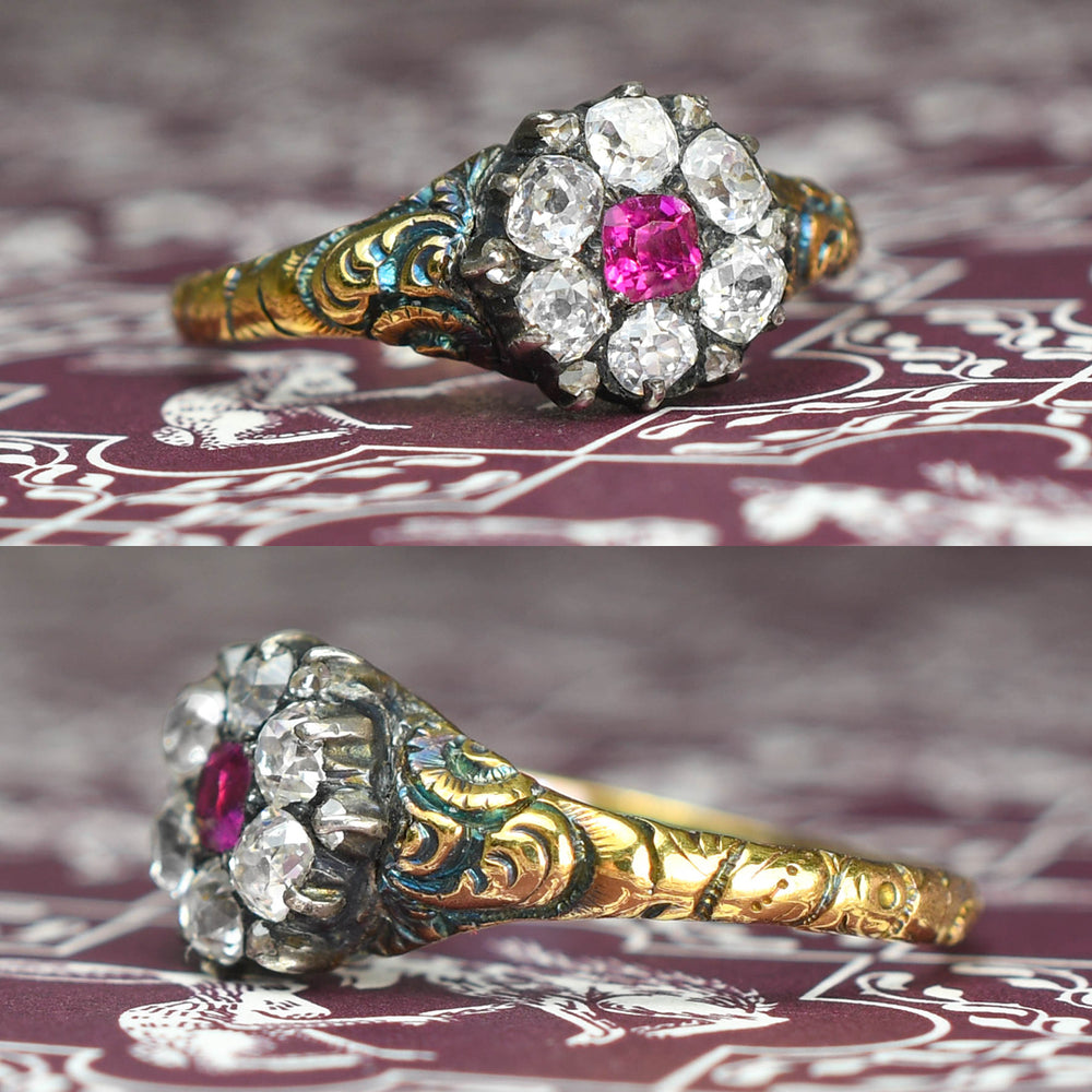 Georgian Burma Ruby & Diamond Enamel Cluster Ring