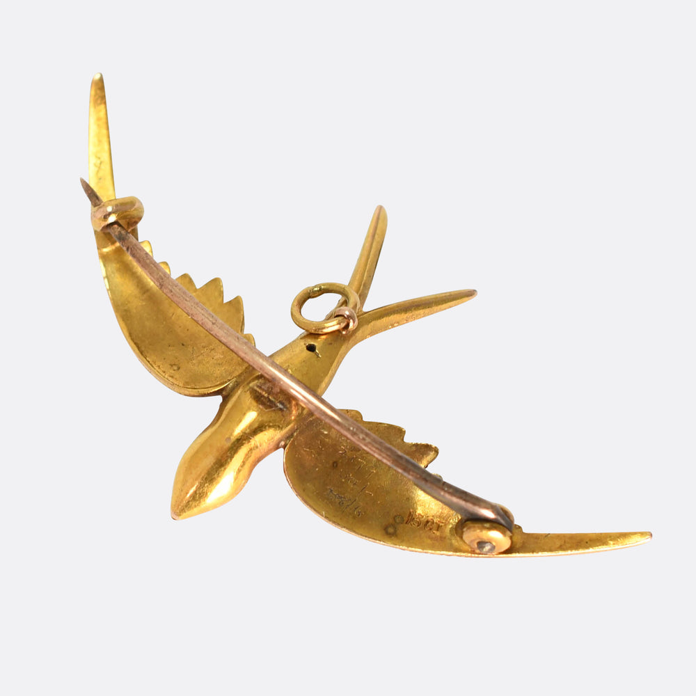 Antique 15k Gold Diving Swallow Pendant Brooch