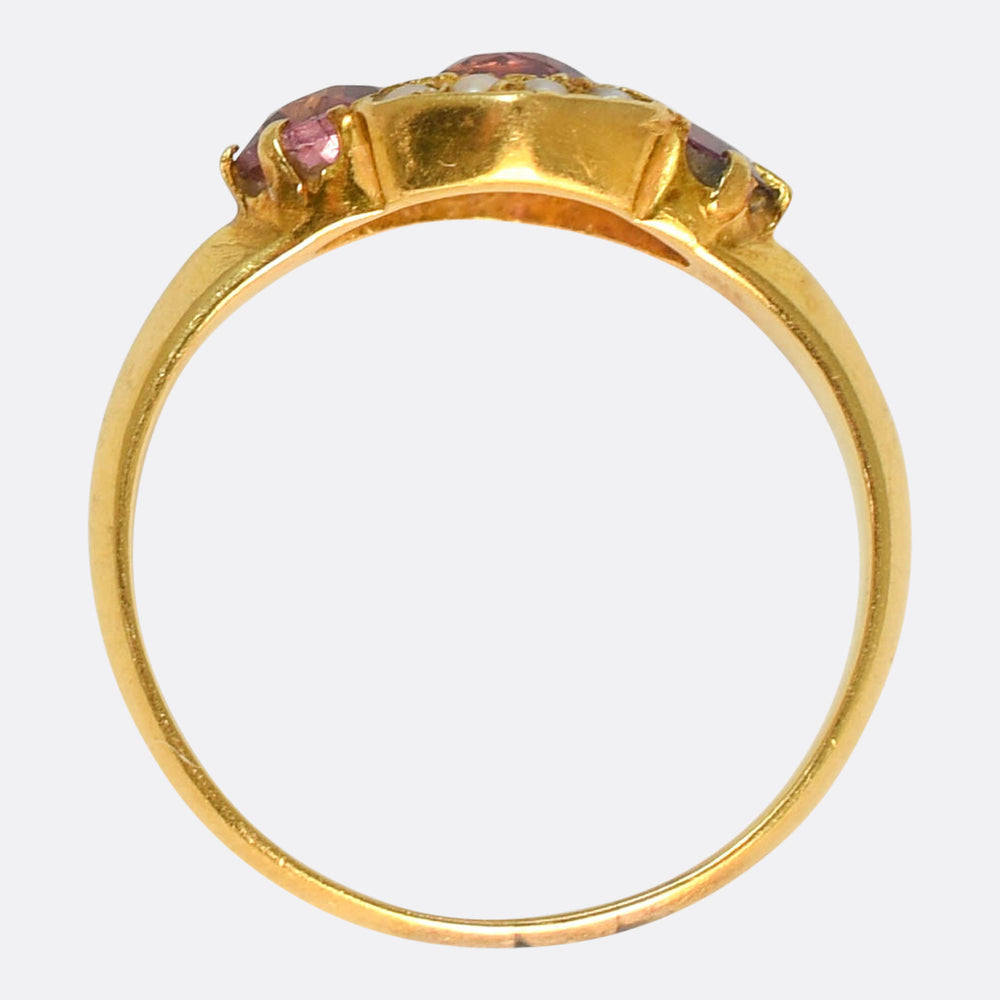 Antique 3-Stone Almandine Garnet & Pearl Cluster Ring