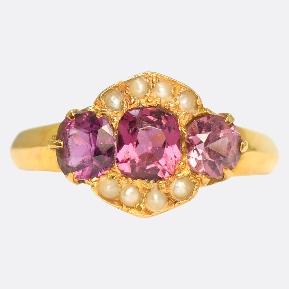 Antique 3-Stone Almandine Garnet & Pearl Cluster Ring