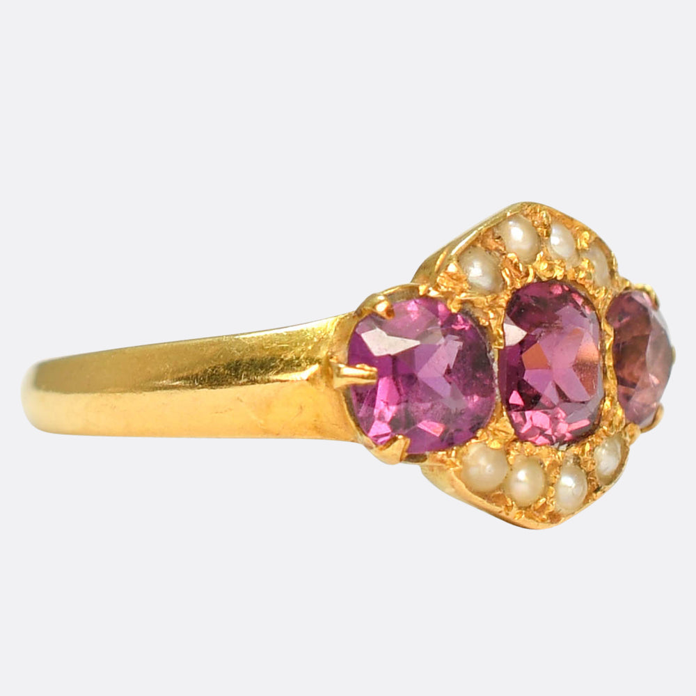 Antique 3-Stone Almandine Garnet & Pearl Cluster Ring