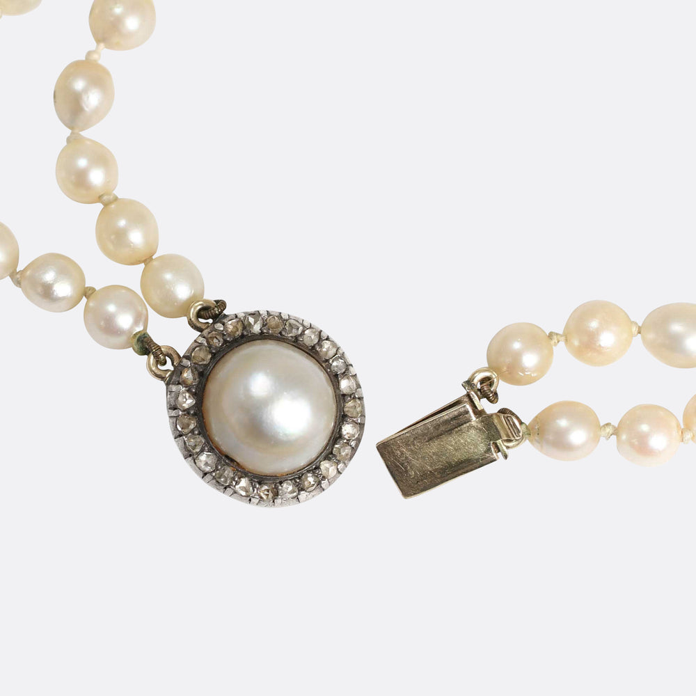 Antique Cultured Pearl Necklace with Diamond Cluster Clasp