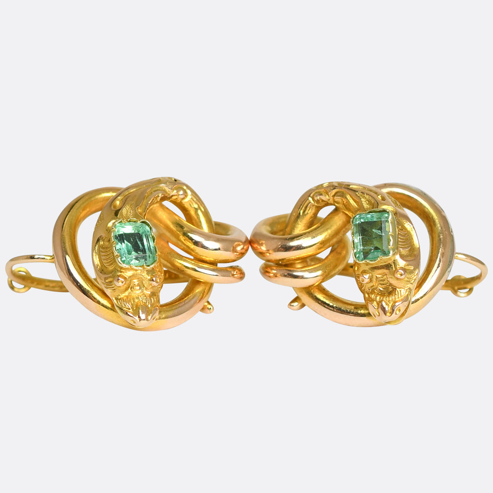 Antique French Emerald Coiled Snake Earrings