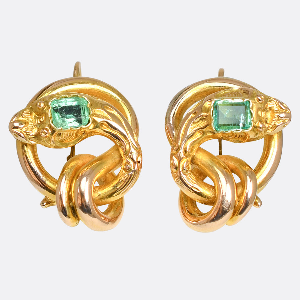 Antique French Emerald Coiled Snake Earrings