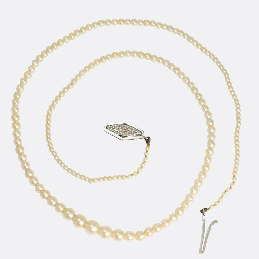Antique Natural Pearl Necklace with Diamond Clasp