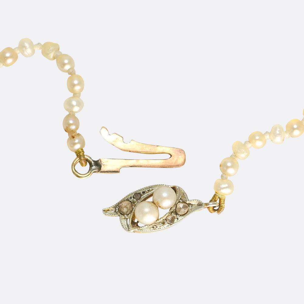 Antique Natural Pearl Necklace with Rose Cut Diamond Clasp