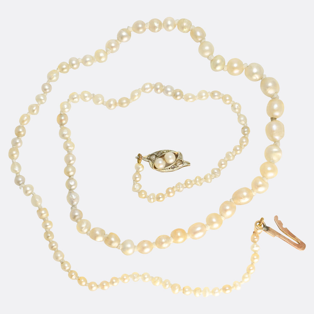 Antique Natural Pearl Necklace with Rose Cut Diamond Clasp
