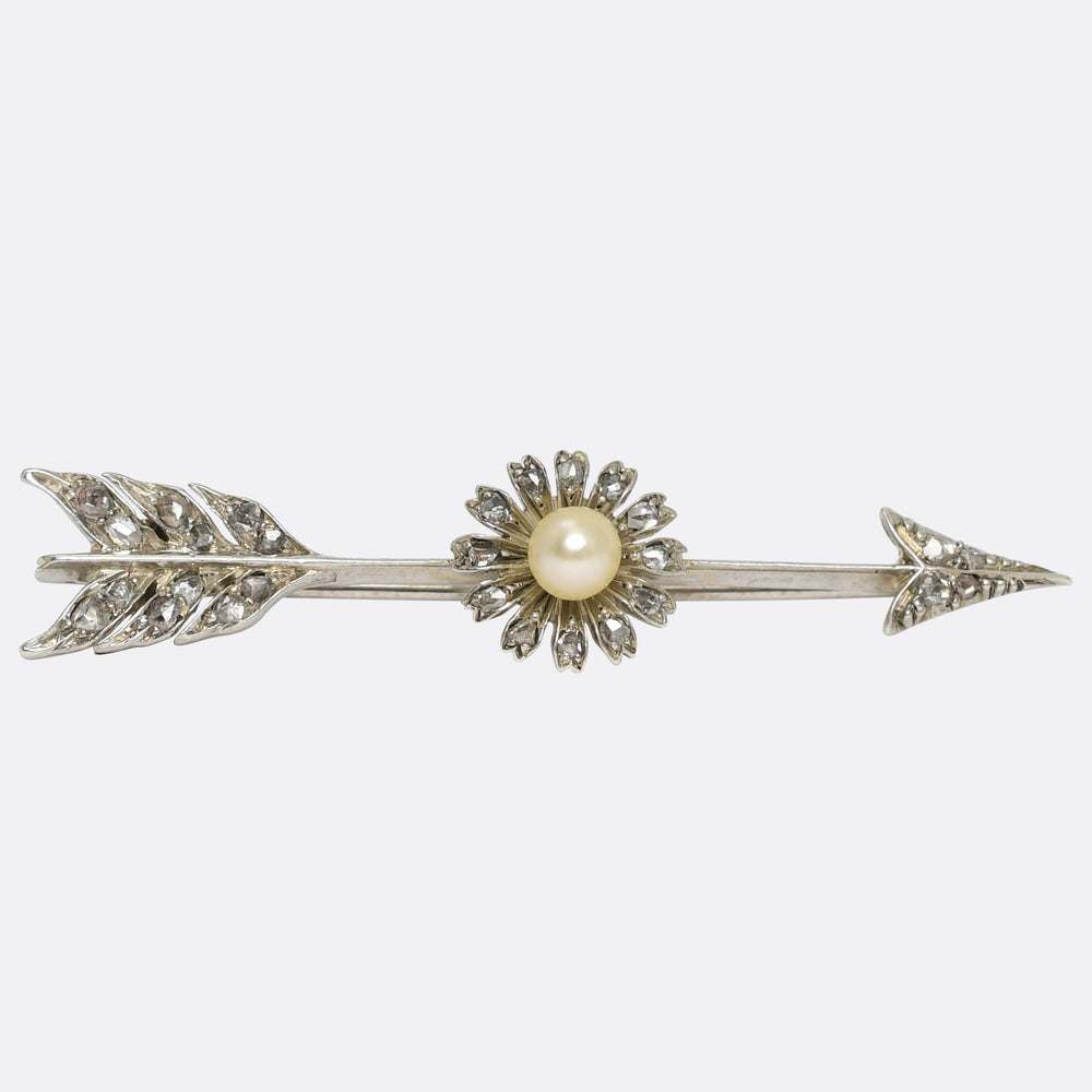 Antique Natural Pearl & Rose Cut Diamond Flower Arrow Pin