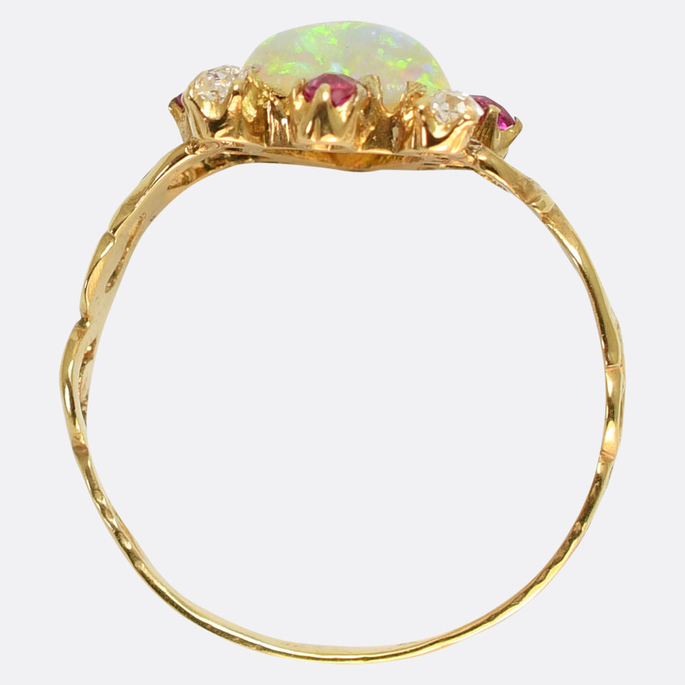 Antique Opal, Ruby & Diamond Heart Satellite Ring