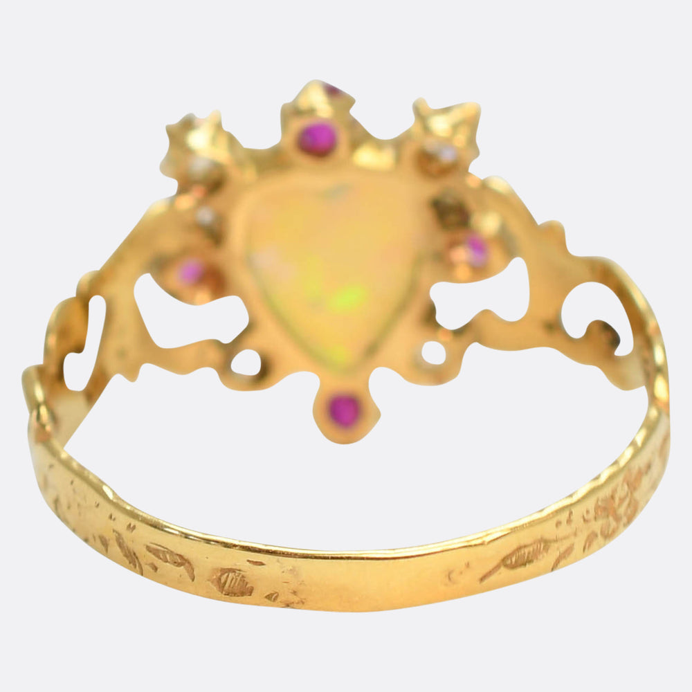 Antique Opal, Ruby & Diamond Heart Satellite Ring
