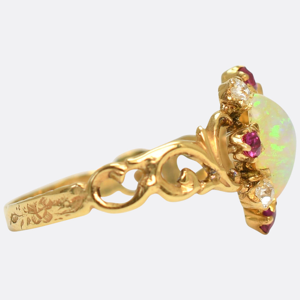 Antique Opal, Ruby & Diamond Heart Satellite Ring