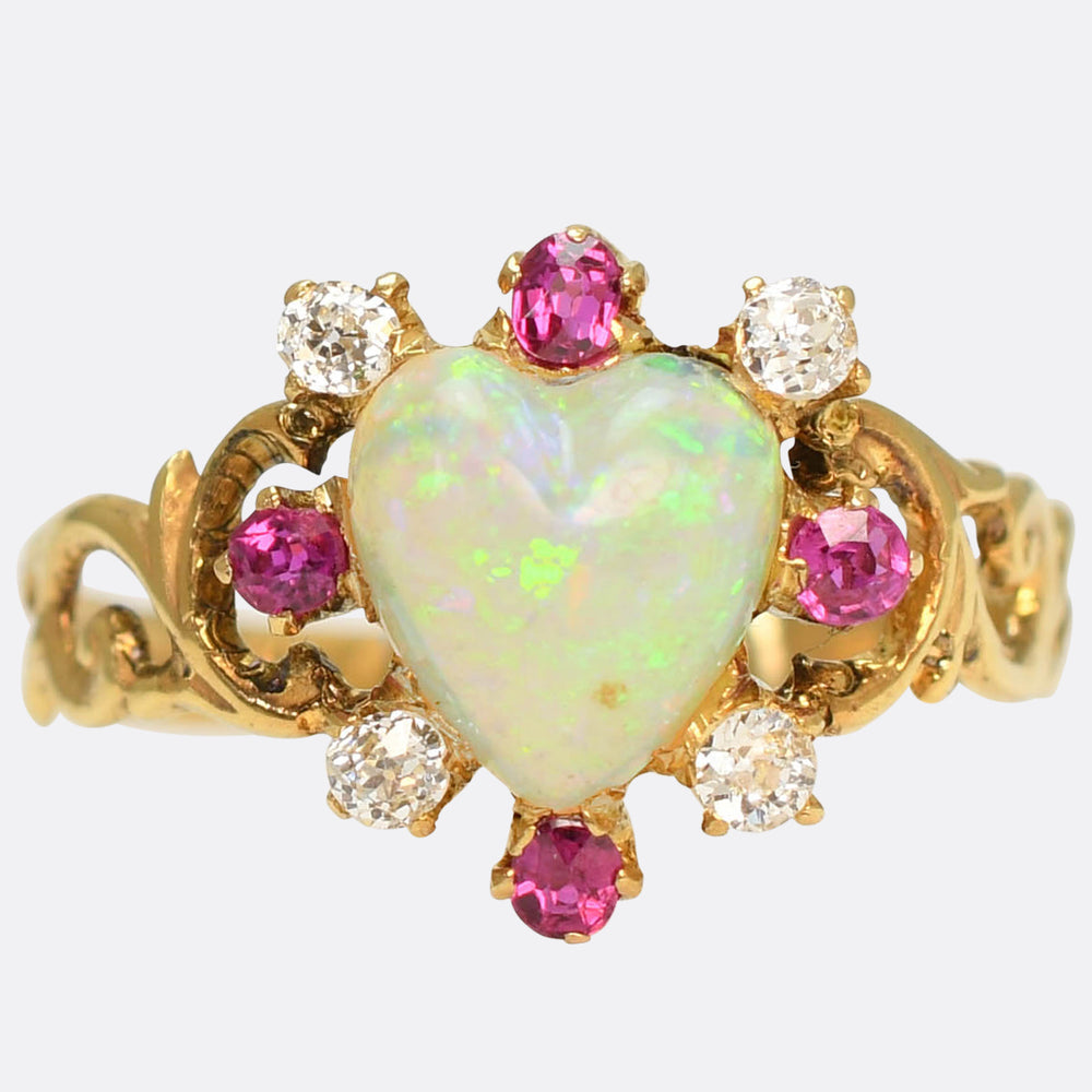 Antique Opal, Ruby & Diamond Heart Satellite Ring