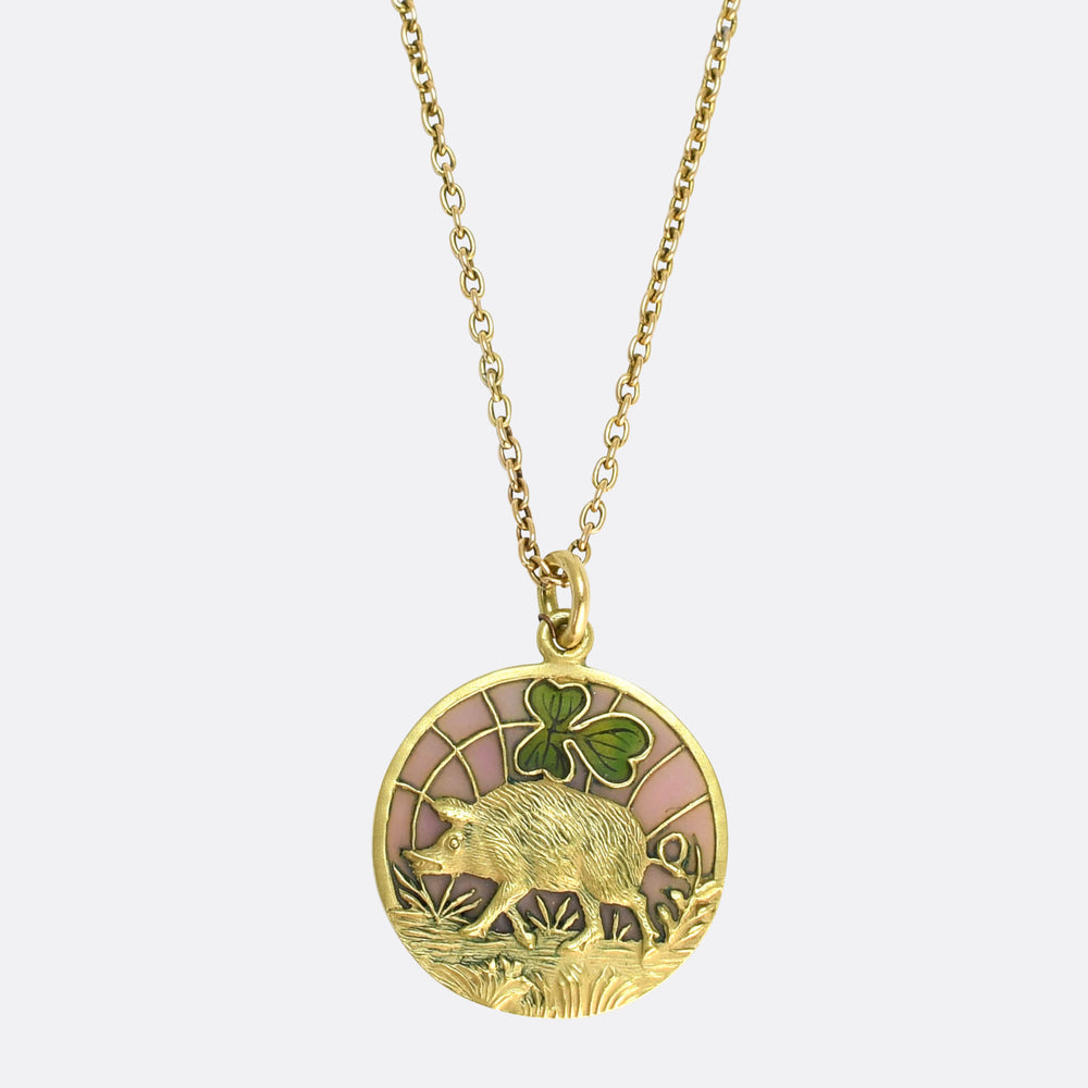 Antique Plique-à-Jour Enamel Lucky Pig Charm