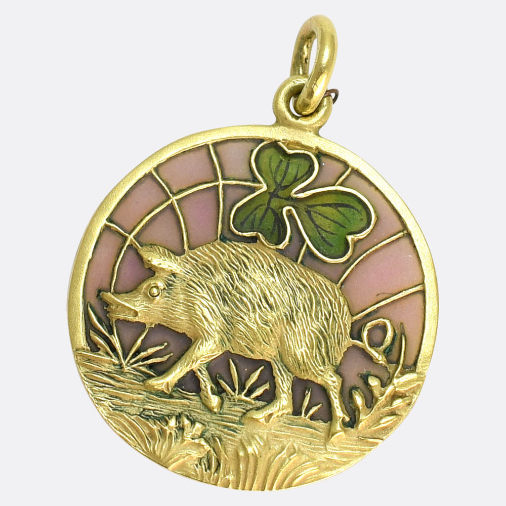 Antique Plique-à-Jour Enamel Lucky Pig Charm