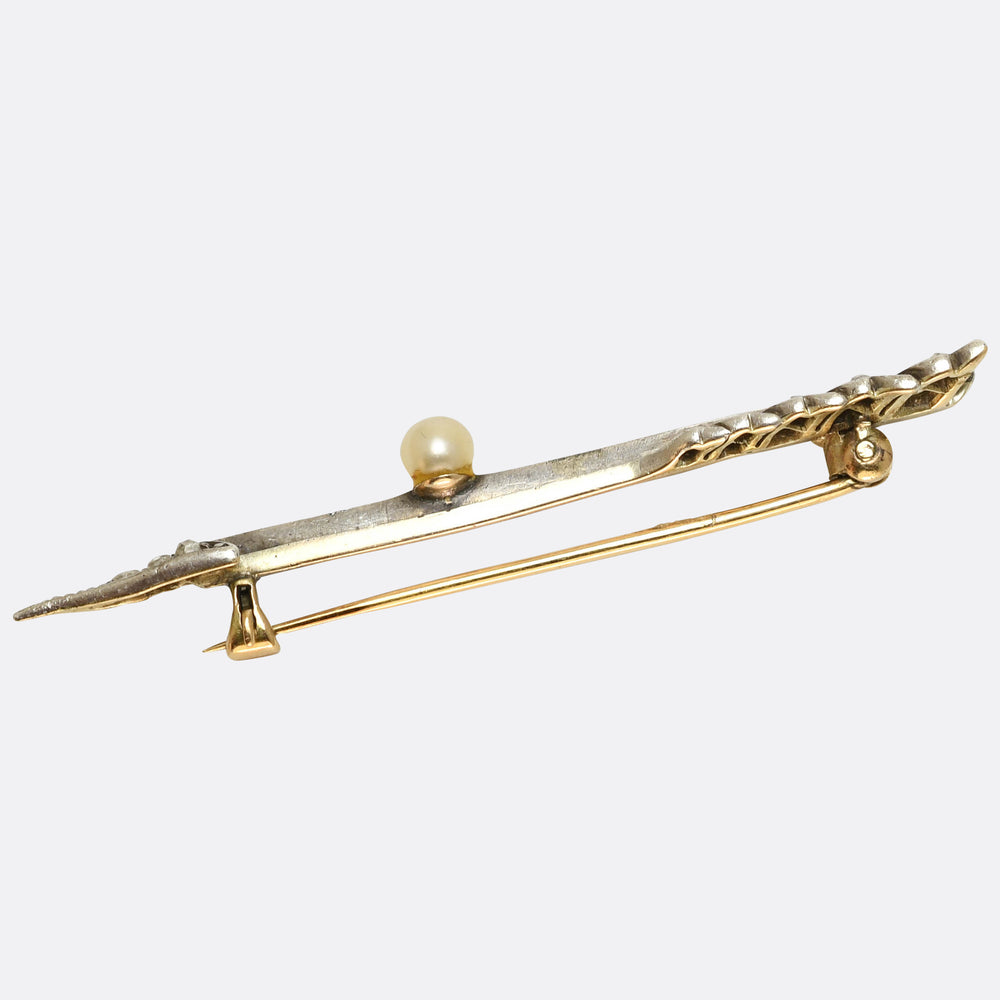Antique Rose Cut Diamond & Pearl Arrow Brooch