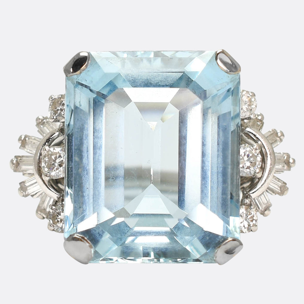 Art Deco 15.5ct Aquamarine & Diamond Cocktail Ring