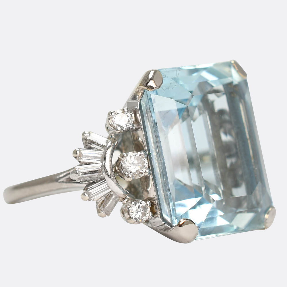 Art Deco 15.5ct Aquamarine & Diamond Cocktail Ring