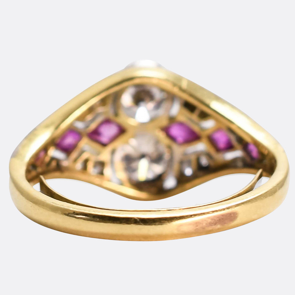 Art Deco 2-Stone Diamond & Ruby Cluster Ring