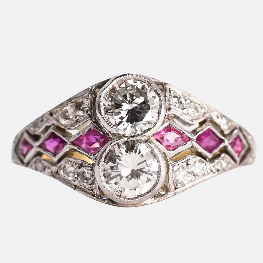 Art Deco 2-Stone Diamond & Ruby Cluster Ring