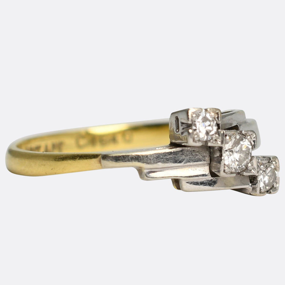 Art Deco 3-Stone Diamond Stepped Shoulder Ring