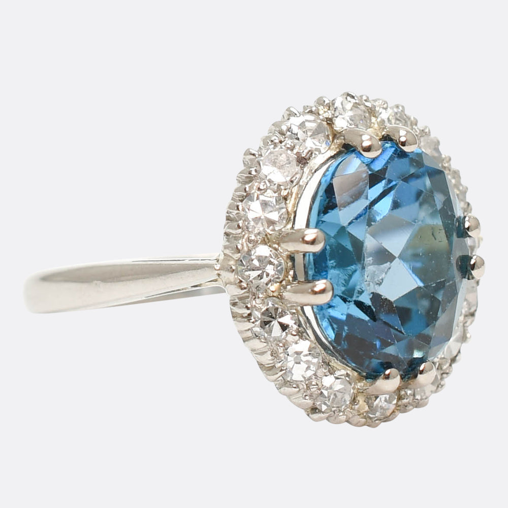 Art Deco 4.05ct Blue Zircon & Diamond Cluster Ring