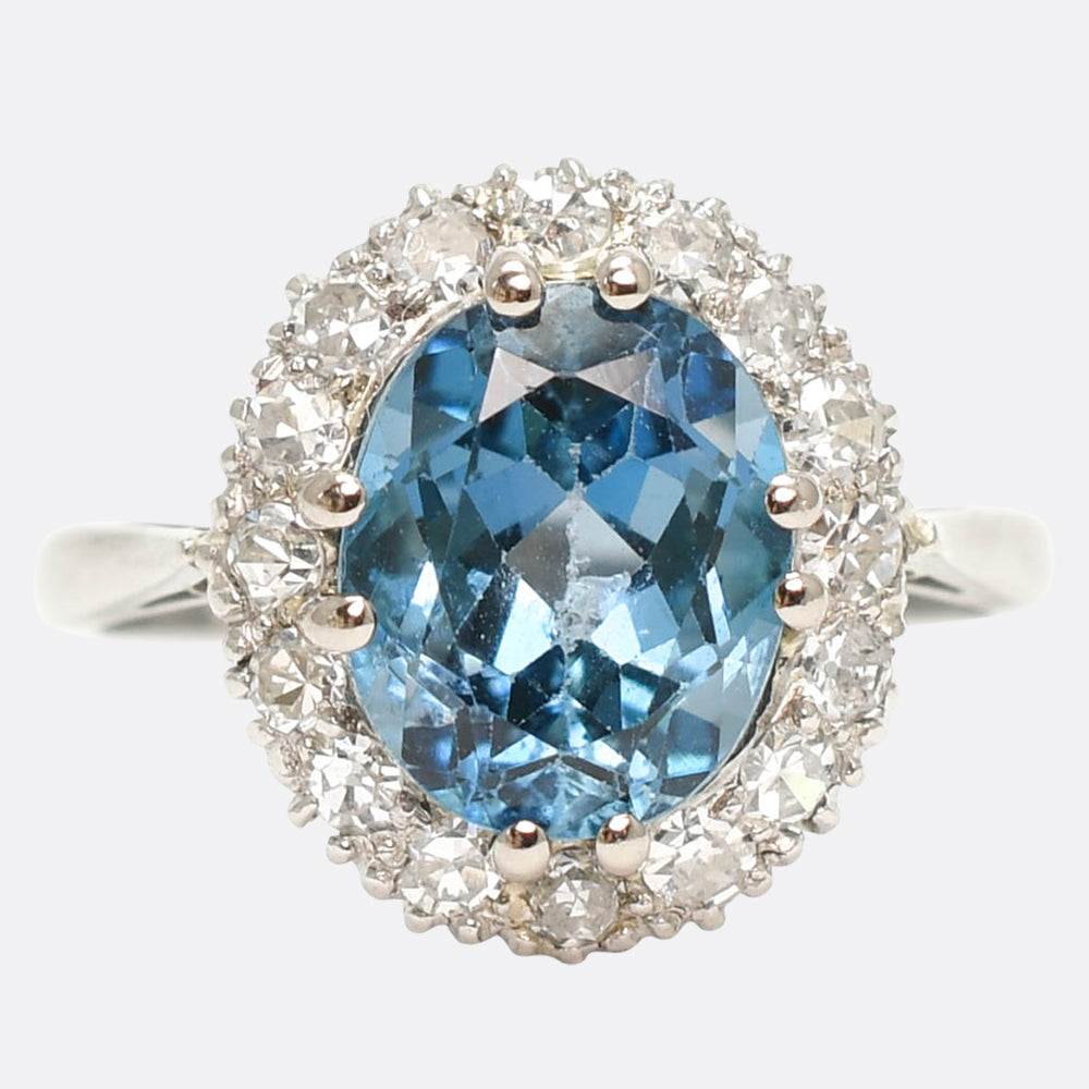 Art Deco 4.05ct Blue Zircon & Diamond Cluster Ring