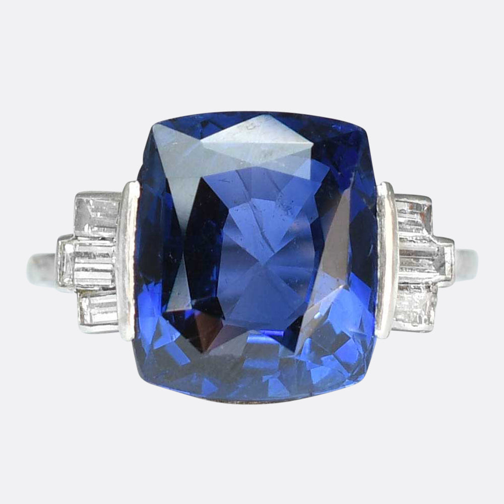 Art Deco 8ct Burma Sapphire & Baguette Cut Diamond Ring