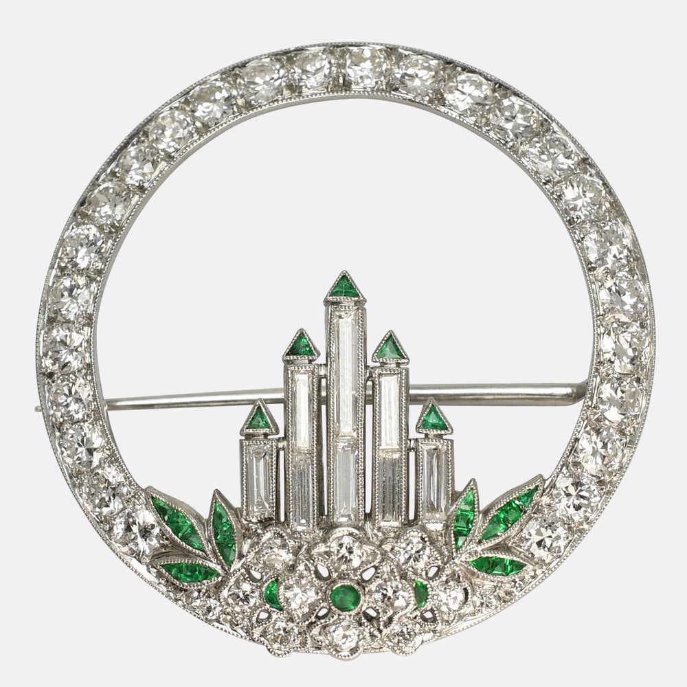 Art Deco Diamond & Emerald Advent Candle Wreath Brooch