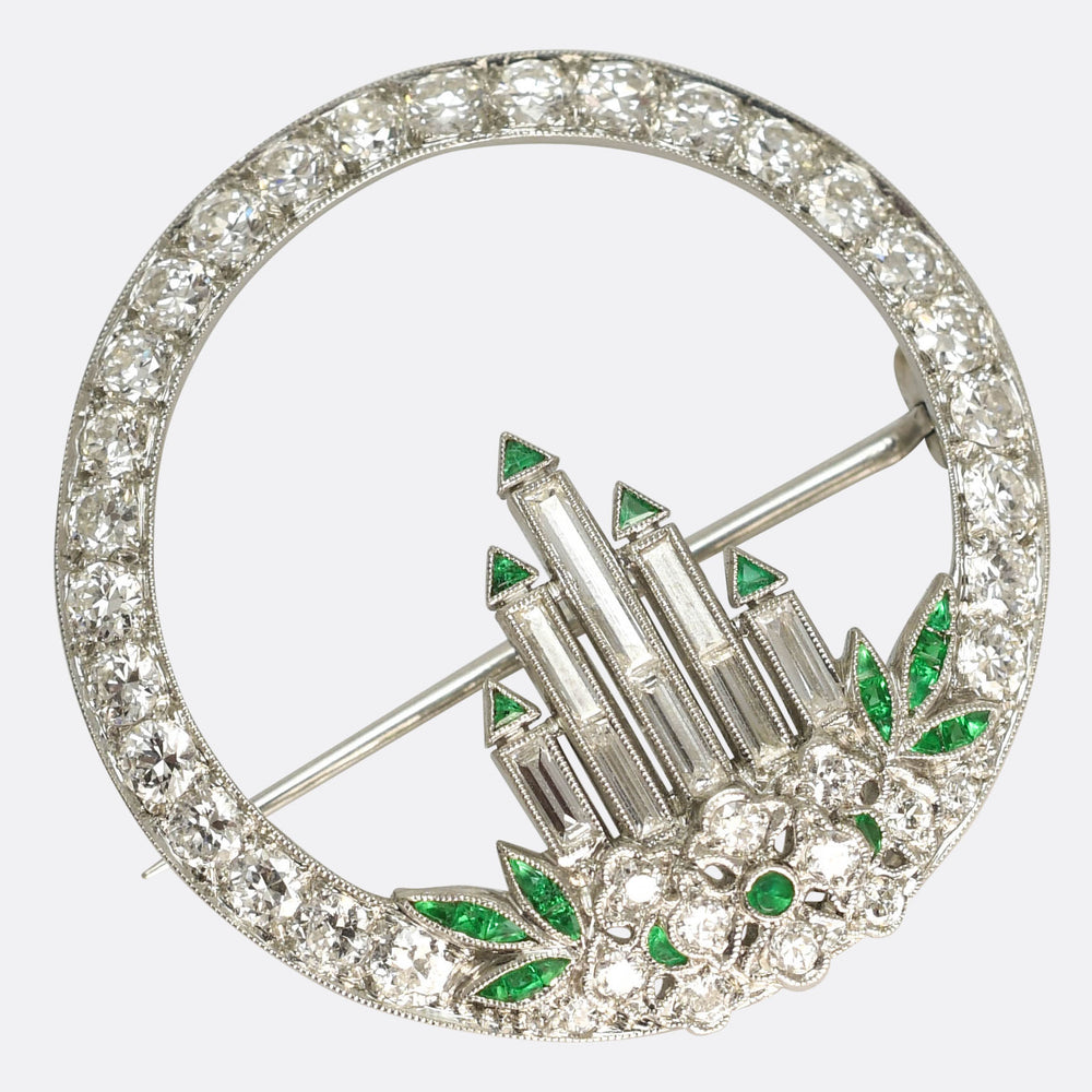 Art Deco Diamond & Emerald Advent Candle Wreath Brooch