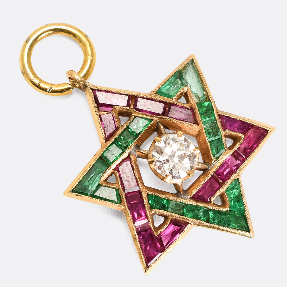 Art Deco Diamond, Emerald & Ruby Star Charm