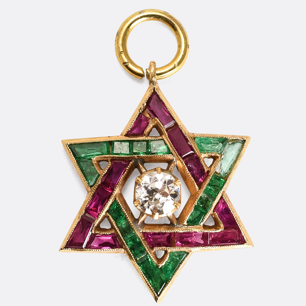 Art Deco Diamond, Emerald & Ruby Star Charm