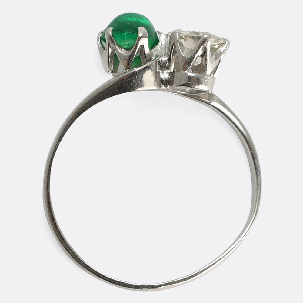Art Deco Emerald Cabochon & Diamond Toi et Moi Ring