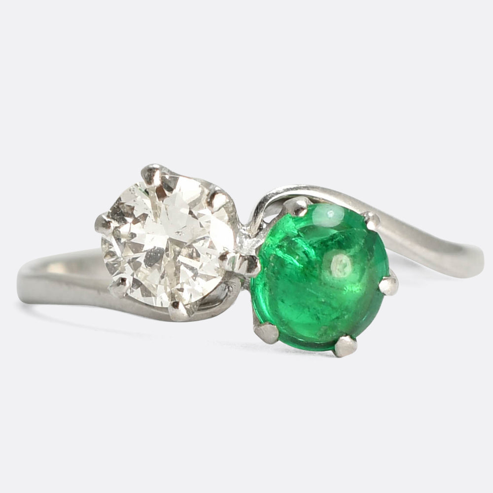 Art Deco Emerald Cabochon & Diamond Toi et Moi Ring