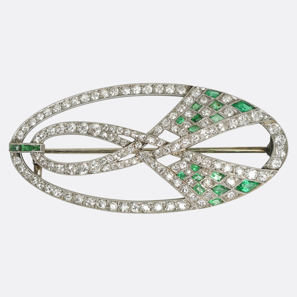Art Deco Emerald & Diamond Ribbon Openwork Brooch