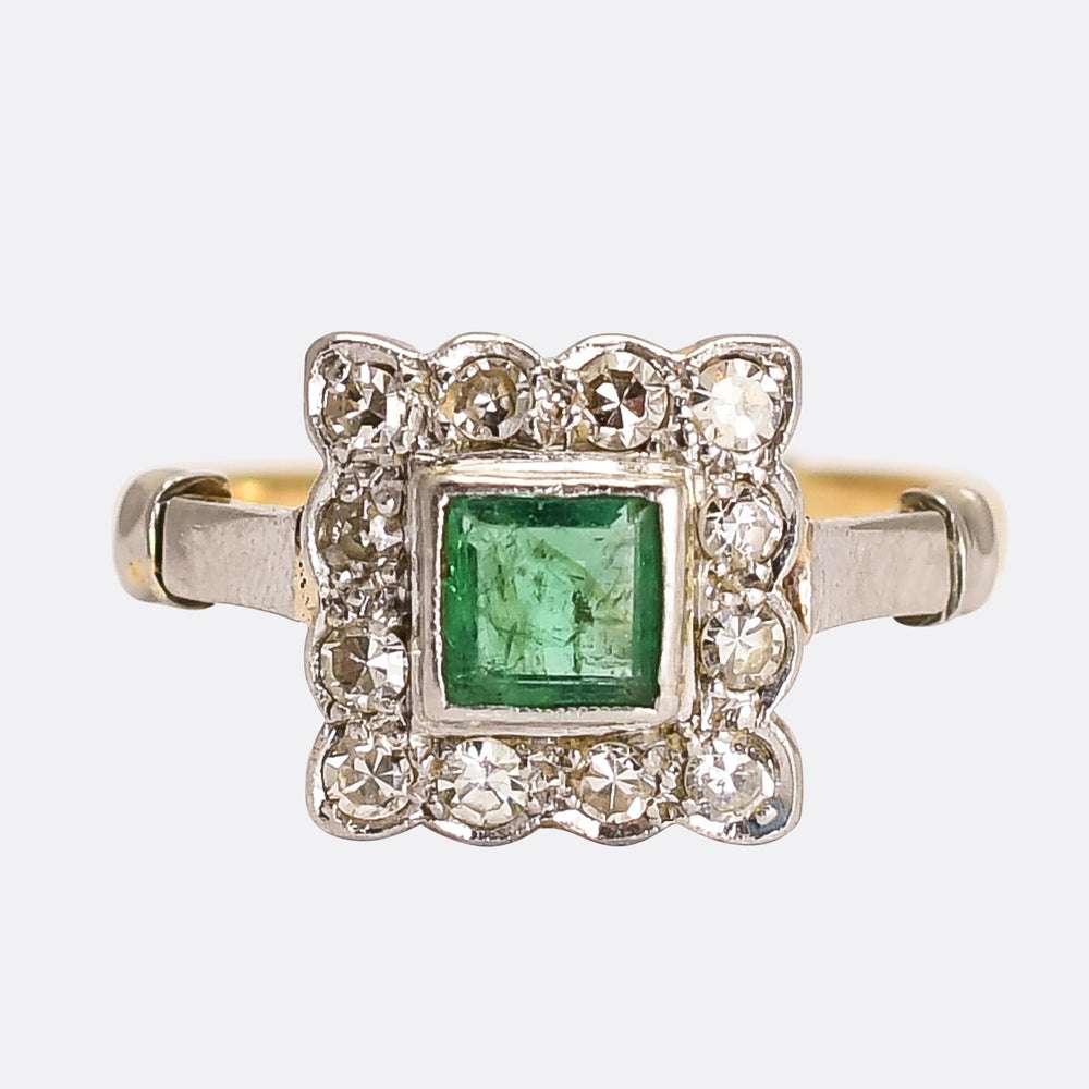 Art Deco Emerald & Diamond Square Cluster Ring
